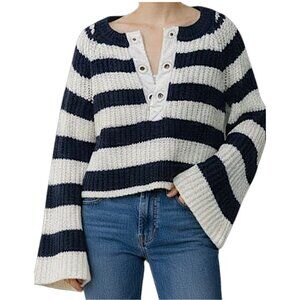 Anthropologie Pilcro Bell-Sleeve Henley Sweater Navy Cream Stripe Cropped XXS